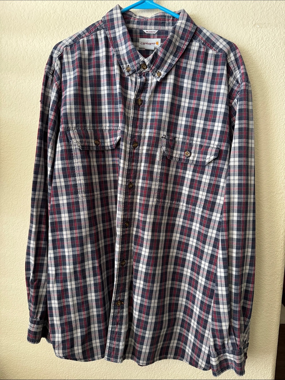 Carhartt Relaxed Fit Button-Down Plaid Shirt in Navy, Red, and Grey